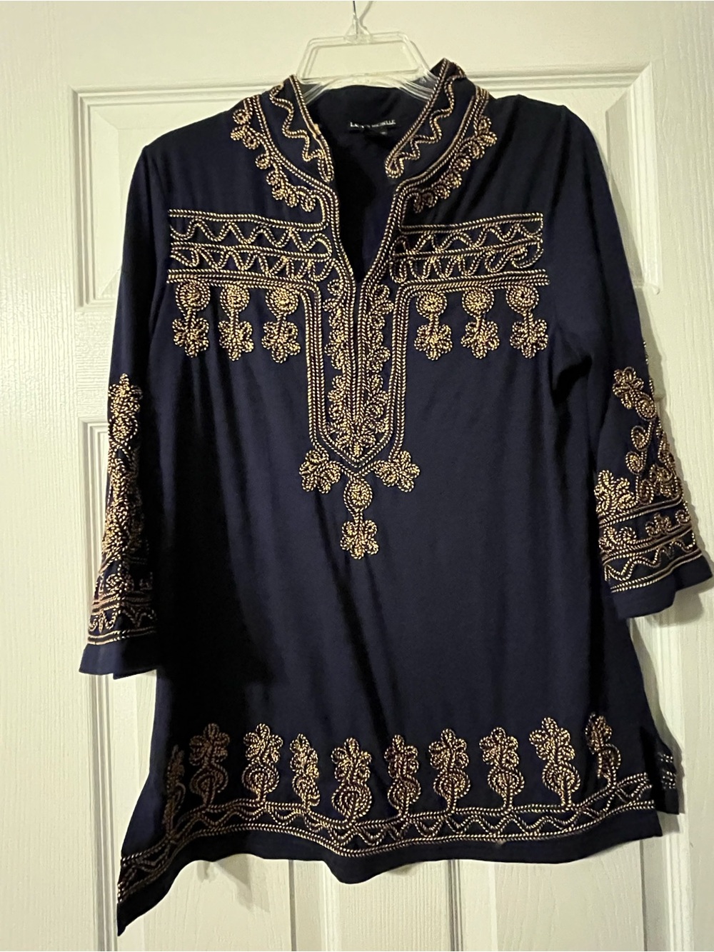 Navy Embroidered Lauren Michelle Tunic Top with Gold Detail size medium